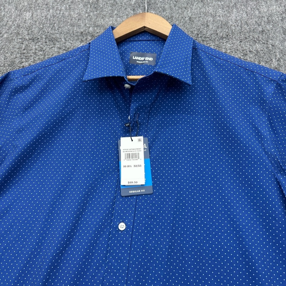 Lands End Commuter Shirt Mens L 16.5 32/33 Blue Dot Stretch Performance No Iron